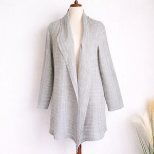 FLAX, Taupe Crosshatch Linen Draped Open Front Cardigan Topper, Size Small